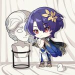  1boy ancient_greek_clothes black_gloves blue_hair book c2323172843 chibi closed_mouth dr._ratio_(honkai:_star_rail) eyeliner fingerless_gloves full_body gloves greco-roman_clothes hair_between_eyes highres holding holding_book honkai:_star_rail honkai_(series) looking_at_viewer makeup male_focus muscular muscular_male red_eyeliner rubber_duck sandals short_hair simple_background smile solo standing statue 