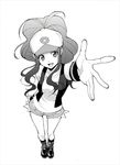  :d antenna_hair bad_id bad_pixiv_id baseball_cap denim denim_shorts exposed_pocket foreshortening greyscale hands hat hirococo monochrome open_mouth outstretched_arm outstretched_hand pokemon pokemon_(game) pokemon_bw ponytail shorts simple_background smile solo touko_(pokemon) vest white_background 