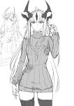  absurdres ahoge arknights braid braided_bangs breasts curled_fingers dragon_horns greyscale highres horns long_hair looking_at_viewer monochrome multiple_horns nail_polish okamoto_aoi playing_with_own_hair reed_(arknights) sketch small_breasts sweater thighhighs thighs turtleneck turtleneck_sweater 