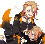  1boy 1girl aged_down axel_syrios belt black_gloves black_hoodie blonde_hair blue_eyes blush braid breasts chain child cleavage collar fang genderswap genderswap_(mtf) gloves hair_between_eyes heart highres holostars holostars_english hood hoodie isal_(lasi) jacket looking_at_another multicolored_hair multiple_tails open_clothes open_jacket open_mouth orange_collar red_hair short_hair side_braid smile sweatdrop tail teeth two-tone_hair upper_body virtual_youtuber white_background 