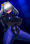  1girl breasts bulge erect_nipples flaccid futanari highres hips huge_breasts kari latex nipples open_mouth penis plump purple_eyes silver_hair skin_tight small_penis solo thick_thighs thighs tight_clothes totoya twintails wide_hips 