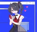  1girl :d ame-chan_(needy_girl_overdose) black_hair black_ribbon black_skirt blue_background collared_shirt commentary cowboy_shot hair_ornament hair_over_one_eye hands_up heart holding holding_phone kabe_(zp66104) long_hair looking_at_viewer neck_ribbon needy_girl_overdose open_mouth phone red_shirt ribbon shirt skirt smile solo standing suspender_skirt suspenders symbol-only_commentary twintails window_(computing) x_hair_ornament 