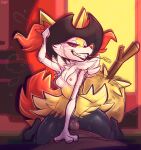 absurd_res anthro black_body black_fur braixen breasts clothing cowgirl_position dimwitdog duo female first_person_view from_front_position fur generation_6_pokemon genitals grin grinning_at_viewer hat headgear headwear hi_res human looking_at_viewer male male/female male_pov mammal multicolored_body multicolored_fur nintendo nipples on_bottom on_top penetration penis pokemon pokemon_(species) red_eyes sex small_breasts smile smiling_at_viewer smirk smirking_at_viewer straddling vaginal vaginal_penetration white_body white_fur yellow_body yellow_fur