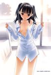  :p absurdres bangs black_eyes black_hair blunt_bangs blush bottomless breasts copyright_request dress_shirt hashimoto_takashi highres naked_shirt off_shoulder open_clothes open_shirt see-through shirt short_hair small_breasts solo tongue tongue_out two_side_up unbuttoned white_shirt 
