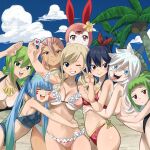  6+girls bikini blue_hair breasts cleavage colorized eden&#039;s_zero gaston18 green_eyes green_hair hermit_mio highres homura_kogetsu kleene_(eden&#039;s_zero) large_breasts long_hair multiple_girls one_eye_closed pino_(eden&#039;s_zero) ponytail rebecca_bluegarden red_eyes sideboob sister_ivry smile swimsuit tongue tongue_out twintails underboob white_hair 