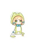  1girl animal animal_costume banana_(banana_draw) blonde_hair blue_archive blue_bow blush bow cat cat_costume chibi full_body green_eyes green_halo hair_bow halo highres long_sleeves looking_at_viewer midori_(blue_archive) short_hair simple_background solo standing white_background 