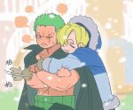  2boys =_= absurdres afterimage blank_speech_bubble blonde_hair cold couple curly_eyebrows facial_hair frown goatee green_hair hair_over_one_eye highres hood hoodie hug hug_from_behind male_focus motion_lines multiple_boys official_alternate_costume one_piece roronoa_zoro sanji_(one_piece) scar scar_across_eye scene_reference short_hair snowing speech_bubble sweetdou3 toned toned_male upper_body v-shaped_eyes warming yaoi 