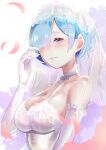  1girl absurdres bare_shoulders blue_eyes blue_hair breasts bridal_veil cleavage closed_mouth commentary_request dress elbow_gloves falling_petals gloves hair_ornament hair_over_one_eye half-closed_eyes halterneck highres large_breasts looking_at_viewer mochi-jun petals re:zero_kara_hajimeru_isekai_seikatsu rem_(re:zero) short_hair simple_background smile solo upper_body veil wedding_dress white_dress white_gloves x_hair_ornament 