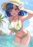 1girl bikini blue_hair blue_sky breasts brown_headwear c_(theta) cloud commentary_request day earrings flower_hat green_eyes hat highres idolmaster idolmaster_million_live! jewelry large_breasts nanao_yuriko navel ocean open_mouth outdoors partially_submerged sky smile solo striped_bikini striped_clothes swimsuit 