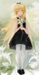  1girl absurdres black_dress black_hairband blonde_hair dress flower hairband highres holding holding_flower long_hair looking_at_viewer monogatari_(series) oshino_shinobu serious shishirui_san sketch sleeveless sleeveless_dress solo thighhighs very_long_hair white_thighhighs yellow_eyes 