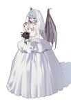  1girl absurdres alternate_costume bare_shoulders black_flower blood blood_drip blood_from_mouth blood_on_clothes blood_on_dress blood_on_face blood_on_flower blood_on_hands blue_hair bouquet breasts bridal_veil commentary_request crinoline demon_wings dress flower full_body hand_up highres holding holding_bouquet hoop_skirt jewelry looking_ahead necklace off-shoulder_dress off_shoulder red_eyes red_nails remilia_scarlet ring see-through short_hair simple_background slit_pupils small_breasts touhou veil wedding_dress wedding_ring white_background white_dress white_wrist_cuffs wings wrist_cuffs youpofen 