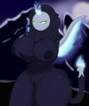 anthro big_breasts breasts female fire genitals ghost glowing glowing_eyes hi_res humanoid_genitalia humanoid_pussy mane maraith_(palworld) mask nipples palworld pussy shalon solo spirit thighs wide_hips wings