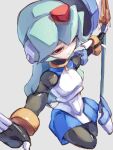  1girl black_bodysuit bodysuit commentary_request dress forehead_jewel green_hair henshin highres holding holding_staff mega_man_(series) mega_man_zx omochi_(mochi_skymega) outstretched_arms pandora_(mega_man) red_eyes robot_ears simple_background solo spread_arms staff transformation white_dress 