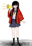  1girl absurdres black_footwear black_hair black_sailor_collar black_skirt black_socks bow closed_eyes dot_nose full_body hair_bow highres holding holding_megaphone jacket long_hair long_sleeves megaphone original pleated_skirt red_bow red_jacket sailor_collar school_uniform serafuku shout_lines shouting simazuzuzuzu skirt socks solo standing white_background white_serafuku wide_sleeves 