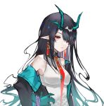  1girl arknights bare_shoulders bead_bracelet beads black_hair black_jacket bracelet breasts closed_mouth colored_skin commentary_request dragon_girl dragon_horns dress dusk_(arknights) earrings green_hair green_horns green_skin hair_over_one_eye hand_on_own_hip highres horns jacket jacket_partially_removed jewelry long_hair looking_at_viewer medium_breasts multicolored_hair necktie pointy_ears red_eyes red_necktie s_4ik4 simple_background sleeveless sleeveless_dress solo streaked_hair tassel tassel_earrings white_background 