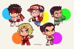  5boys baseball_cap black_hair blonde_hair blue_eyes boxer brown_hair clenched_hands closed_mouth commentary denim dougi fatal_fury fatal_fury_cap fingerless_gloves gloves grin hat headband highres jeans ken_masters kotorai little_mac long_hair looking_at_viewer male_focus mishima_kazuya multiple_boys muscular muscular_male pants pectoral_cleavage pectorals ponytail punch-out!! red_eyes ryu_(street_fighter) scar short_hair signature simple_background smile street_fighter street_fighter_ii_(series) super_smash_bros. symbol-only_commentary tekken terry_bogard the_king_of_fighters thick_eyebrows topless_male 