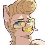 blonde_hair cigarette cigarette_in_mouth clout_chaser cold-blooded-twilight dirty_blonde_hair equid equine eyewear facial_hair fan_character feral friendship_is_magic gold_(metal) gold_tooth green_eyes hair hasbro hooves horse male mammal mullet my_little_pony object_in_mouth pegasus pompadour pony sideburns smile smoking solo sunglasses wings