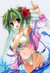  :d absurdres armpits bare_shoulders bikini blush breasts finger_gun flower front-tie_top green_eyes green_hair hair_between_eyes hair_flower hair_ornament hibiscus highres hood hooded_jacket jacket jacket_over_swimsuit karory medium_breasts multicolored multicolored_bikini multicolored_clothes navel off_shoulder open_clothes open_mouth original pointing pointing_up side-tie_bikini side_ponytail sleeves_rolled_up smile solo strap_gap swimsuit 