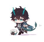  1boy animal animalization black_cat black_footwear black_gloves black_hair cake cat chinese_clothes closed_mouth critter_pick_(honkai:_star_rail) dan_heng_(honkai:_star_rail) dan_heng_(imbibitor_lunae)_(honkai:_star_rail) dragon_boy dragon_horns earrings eyeliner fingerless_gloves food full_body gloves green_eyes green_horns hair_between_eyes honkai:_star_rail honkai_(series) horns jewelry long_hair long_sleeves makeup open_hands pectoral_cleavage pectorals pointy_ears red_eyeliner simple_background water11mo white_background 
