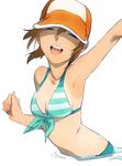  armpits bad_id bad_pixiv_id baseball_cap bikini brown_hair closed_eyes front-tie_top hat leia_rolando maruishi open_mouth orange_hat smile solo striped swimsuit tales_of_(series) tales_of_xillia tan tanline wading water 
