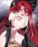  1boy 1girl armor black_armor black_eyes black_headwear black_thighhighs blush bonnet breasts censored collarbone commission cowgirl_position fate/grand_order fate_(series) fuyumi_kazuki gauntlets girl_on_top hair_between_eyes hetero heterochromia highres long_hair navel nipples nude open_mouth penis pixiv_commission pussy red_hair sex small_breasts smile straddling thighhighs thighs typhon_ephemeros_(fate) vaginal very_long_hair yellow_eyes 