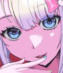  1girl blue_eyes blunt_bangs bow chouzetsusaikawa_tenshi-chan close-up commentary_request eencya hair_bow hand_to_own_mouth hand_up heart heart_in_eye looking_at_viewer needy_girl_overdose official_art open_mouth pink_bow pink_lips pixel_art second-party_source smile solo symbol_in_eye white_hair 