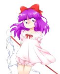  1girl bow gohei hair_bow hakurei_reimu hakurei_reimu_(pc-98) long_hair long_shirt nonamejd pink_shirt puffy_short_sleeves puffy_sleeves purple_eyes purple_hair red_bow red_ribbon ribbon shirt short_sleeves simple_background solo touhou touhou_(pc-98) white_background 