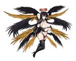  1girl black_hair black_halo black_wings breasts cleavage covered_nipples fallen_angel feathered_wings gloves halo high_school_dxd highres large_breasts leg_tattoo long_hair multiple_wings navel pubic_tattoo purple_eyes purple_halo raynare shoulder_pads slit_pupils smile tattoo wings yellow_halo yellow_wings yxyyxy 