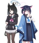 2girls absurdres animal_ears black_eyes black_hair black_jacket black_pantyhose black_sailor_collar black_skirt blue_archive blue_halo blue_neckerchief blush cat_ears cat_tail closed_mouth colored_inner_hair cosplay extra_ears feet_out_of_frame hair_ornament hairclip halo haori highres jacket japanese_clothes kazusa_(blue_archive) kazusa_(blue_archive)_(cosplay) kikyou_(blue_archive) kikyou_(blue_archive)_(cosplay) long_sleeves looking_at_viewer multicolored_hair multiple_girls multiple_tails neckerchief nord_(expc4752) pantyhose pink_hair pink_halo pleated_skirt red_eyes sailor_collar school_uniform serafuku short_hair simple_background skirt socks tail two_tails white_background white_skirt white_socks 