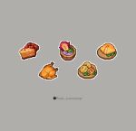  bowl chicken_(food) dungeon_meshi english_commentary food food_focus grey_background highres lancaster mushroom no_humans omelet outline pie pie_slice pixel_art plate simple_background soup tempura twitter_username vegetable white_outline 