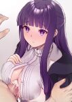  1boy 1girl between_breasts black_coat black_robe blunt_bangs blush breasts breasts_squeezed_together closed_mouth coat cum cum_on_body cum_on_breasts dress fern_(sousou_no_frieren) hetero highres interstellar large_breasts long_hair paizuri paizuri_under_clothes penis purple_eyes purple_hair purple_pupils robe solo_focus sousou_no_frieren straight_hair white_dress 
