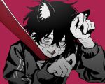  1boy absurdres animal_ear_fluff animal_ears bandaid bandaid_on_cheek bandaid_on_face blood blood_on_face gauze gauze_on_cheek hair_between_eyes highres imai_akira jacket leash long_sleeves looking_at_viewer male_focus nosebleed original paw_pose pink_background self-harm_scar simple_background solo spot_color sweat tongue track_jacket upper_body wrist_cutting 