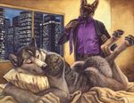  bed blotch canine dog duo gay hindpaw husky looking_back malamute male mammal necktie nude paws seductive suit undressing 