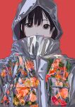  1girl absurdres black_hair blue_flower breast_pocket covered_mouth expressionless flower highres hood hood_up hooded_coat orange_flower original pocket purple_flower raincoat red_background red_flower see-through see-through_coat simple_background solo spoon_tneod transparent upper_body yellow_flower 