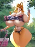 alasta anthro big_breasts biped blonde_hair breasts canid canine cellphone cleavage clothed clothing electronics female genitals hair hi_res holding_cellphone holding_object holding_phone huge_breasts hyper hyper_breasts mammal nipple_piercing nipples outside panties phone piercing pussy pussy_floss solo thick_thighs underwear