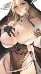  1girl absurdres azur_lane bare_shoulders between_breasts black_gloves blonde_hair blush breasts cleavage covered_navel gloves hair_between_eyes highres horns huge_breasts implacable_(azur_lane) large_breasts long_hair looking_at_viewer mole mole_on_breast nun open_mouth parted_lips pelvic_curtain persimmonszzz red_eyes solo sweat thighs white_background 