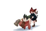  2girls :d animal_ears asymmetrical_legwear bird_wings black_dress black_hair bow braid cat_ears cat_tail dress extra_ears fang feathered_wings green_bow hair_bow highres kaenbyou_rin leg_ribbon multiple_girls multiple_tails pointy_ears red_eyes red_hair reiuji_utsuho ribbon rn_(sbr2933090) shadow simple_background skin_fang smile tail touhou twin_braids two_tails wheelbarrow white_background wings 