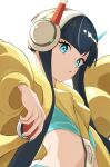  1girl black_hair blunt_bangs breasts buckle commentary_request elesa_(pokemon) eyelashes green_eyes green_nails headphones highres holding holding_poke_ball jacket long_sleeves nail_polish open_clothes open_jacket parted_lips poke_ball poke_ball_(basic) pokemon pokemon_bw2 roka_(o-yasumi) short_hair_with_long_locks sidelocks solo sports_bra upper_body white_background yellow_jacket 