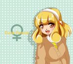  akage_nadir blonde_hair blue_background brown_eyes character_name hairband highres kise_yayoi polka_dot polka_dot_background precure short_hair smile smile_precure! solo sweater venus_symbol 