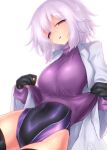  1girl black_thighhighs breasts competition_swimsuit covered_navel elbow_gloves empty_eyes gloves highleg highleg_swimsuit kyuusui_gakari lab_coat large_breasts lifted_by_self looking_at_viewer no_pants one-piece_swimsuit open_mouth original purple_eyes shiny_clothes short_hair smile solo suzuno_oto_kogara swimsuit swimsuit_under_clothes thighhighs turtleneck two-tone_swimsuit white_background white_hair zettai_ryouiki 