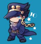  1boy belt black_footwear black_hair blue_coat blue_eyes chain character_name chibi closed_mouth coat grey_shirt hands_in_pockets hat jojo_no_kimyou_na_bouken kotorai kujo_jotaro male_focus multiple_belts no_nose open_clothes open_coat pectoral_cleavage pectorals shirt short_hair signature solo stardust_crusaders 