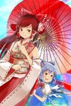  adapted_costume bad_id bad_pixiv_id bell blue_dress blue_eyes blue_hair blue_sky brown_eyes brown_hair cirno day detached_sleeves dress flower hair_flower hair_ornament hair_ribbon hair_tubes hakurei_reimu highres hosimo japanese_clothes kimono multiple_girls obi open_mouth oriental_umbrella ribbon sash shirt sky smile torii touhou umbrella wings 