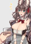  1boy 1girl absurdres animal aqua_eyes blush breasts brown_hair cleavage cup demon_horns dress fox_girl grey_background hair_intakes highres horns huge_breasts large_breasts long_hair mofucino open_mouth original out_of_frame simple_background very_long_hair wavy_hair 