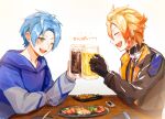  2boys alcohol axel_syrios beer beer_mug black_gloves blonde_hair blue_hair blush braid collar cup drink food from_side gloves green_eyes hair_between_eyes happy highres holding holding_drink holostars holostars_english hood hoodie hou37707274 laughing looking_at_another male_focus mug multicolored_hair multiple_boys one_eye_closed open_mouth orange_collar orange_hair red_hair regis_altare short_hair sitting table toasting_(gesture) two-tone_hair upper_body virtual_youtuber white_background wooden_table 