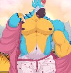 2024 abs absurd_res anthro avian barazoku beak biceps big_muscles bird body_hair breath_of_the_wild bulge chest_hair clothed clothing feathers front_view grass happy_trail heart_underwear hi_res huge_muscles isaacyote_(artist) kass_(tloz) male muscular muscular_anthro muscular_male narrowed_eyes navel nintendo nipples non-mammal_nipples open_clothing open_robe outside pattern_clothing pattern_underwear pecs plant pubes rito robe simple_background smile solo standing the_legend_of_zelda tuft underwear undressing