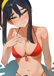  1girl alternate_hairstyle amepa_(ame_pinecandy) bare_shoulders bikini black_hair breasts carmine_(pokemon) cleavage close-up collarbone commentary crossed_bangs hair_between_eyes hair_up hairband head_tilt highres large_breasts long_hair looking_at_viewer mole mole_under_eye multicolored_hair navel pokemon pokemon_sv solo swimsuit two-tone_hair yellow_eyes yellow_hairband 