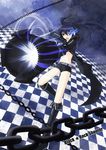  arm_cannon belt black_hair black_rock_shooter black_rock_shooter_(character) blue_eyes boots burning_eye chain coat glowing long_hair navel scar shorts solo twintails weapon yules 