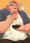 anthro beef blush body_hair bowl chernobog chest_hair chopsticks container demon eating exclamation_point eyebrows food fur hi_res hisbam_hisbam horn lifewonders male meat musclegut pecs pink_body pink_fur solo thick_eyebrows tokyo_afterschool_summoners