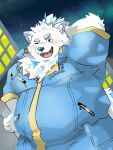 3:4 anthro belly blue_eyes blush canid canine canis city city_background clothing domestic_dog eyebrows fur hi_res itatuki_78 jumpsuit lifewonders live_a_hero male mammal nordic_sled_dog one_eye_closed overweight samoyed solo spitz superhero thick_eyebrows white_body white_fur wink yohack