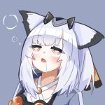  1girl arknights blue_background bright_pupils dot_nose drooling grey_shirt headgear itto_nito lowres medium_hair open_mouth orange_eyes owl_ears owl_girl ptilopsis_(arknights) shirt sleep_bubble solo thick_eyelashes upper_body white_hair white_pupils 